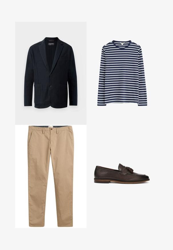 Blazer negro de hombre con solapas de muesca, dos botones, dos bolsillos frontales con parche y un bolsillo en el pecho, exhibido sobre un fondo blanco.; Camisa de manga larga a rayas horizontales en azul marino y blanco. Tejido de algodón suave, cuello redondo, dobladillo recto con aberturas laterales para mayor facilidad de movimiento.; Chinos de algodón beige con un corte recto, frente plano, bolsillos laterales y cierre de botón. La tela tiene una textura suave y un detalle mínimo.; Mocasin de cuero marrón oscuro con textura lisa, borlas decorativas y suela marrón en contraste. Diseño clásico sin cordones.