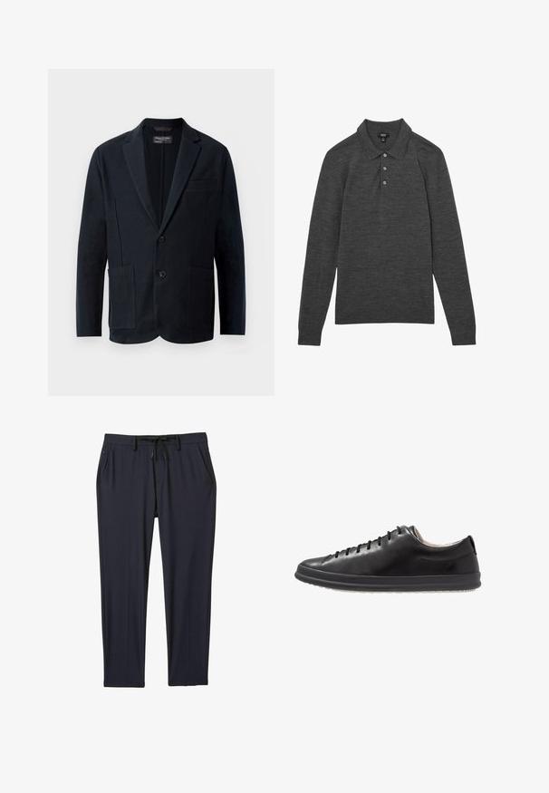 Blazer negro de hombre con solapas de muesca, dos botones, dos bolsillos frontales con parche y un bolsillo en el pecho, exhibido sobre un fondo blanco.; Polo de manga larga gris oscuro, hecho de tela suave, con un collar clásico y tres botones en la parte delantera. Diseño simple y minimalista.; Pantalones deportivos de color navy hechos de una tela elástica, con una cinturilla ajustable con cordón, dos bolsillos laterales y un corte de pierna recta.; Las zapatillas de deporte de cuero negro tienen una punta redondeada, un cordón minimalista, una textura suave y una suela de goma blanca en contraste. Detalles sutiles de la marca son visibles.