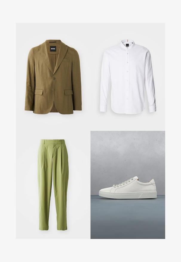 Olijfgroene blazer van textuurstof, met een notch lapel, twee knopen en twee voorzakken; tailored fit met een enkele split.; Witte lange mouwen shirt met een bandkraag, knoopsluiting aan de voorkant en afgeronde zoom. Gemaakt van katoen, met een gladde textuur en subtiele glans.; Lichtgroene broek van een gestructureerde stof, met een rechte pasvorm, plooien aan de voorkant en een standaard tailleband.; Witte leren sneaker met een ronde neus, minimalistisch ontwerp, grijze veters en een gestructureerde grijze rubberen zool. Fijne stikdetails zichtbaar.