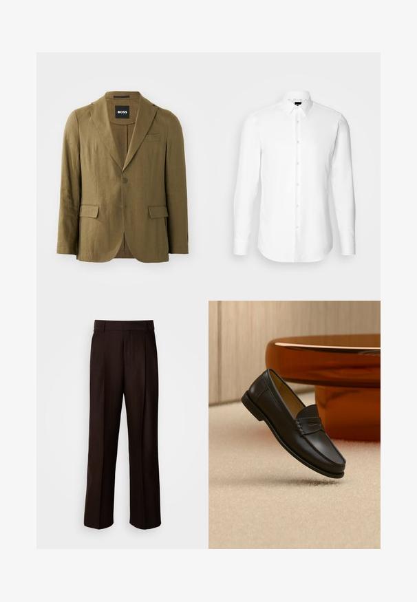 Olijfgroene blazer van textuurstof, met een notch lapel, twee knopen en twee voorzakken; tailored fit met een enkele split.; Witte blouse met lange mouwen, knoopsluiting aan de voorkant, klassieke kraag, gemaakt van gladde stof met een subtiele textuur, ontworpen voor een aansluitende pasvorm.; Bruine op maat gemaakte broeken met een recht design, voorzien van een voorplooien, een gladde textuur en een klassieke tailleband. Geschikt voor formele gelegenheden.; Zwarte leren loaferschoen zwevend boven een beige tapijt met amberkleurige moderne meubels op de achtergrond.