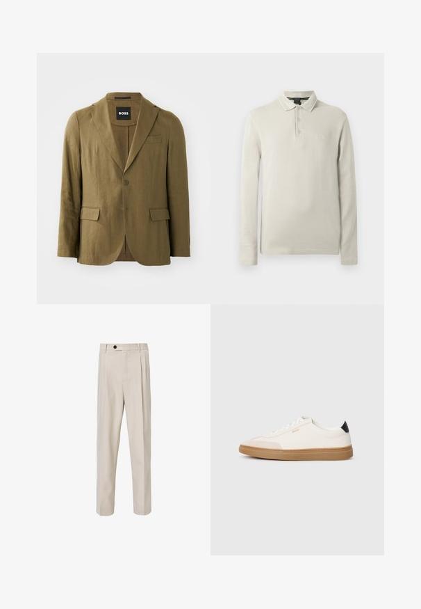Olijfgroene blazer van textuurstof, met een notch lapel, twee knopen en twee voorzakken; tailored fit met een enkele split.; Poloshirt met lange mouwen in lichtbeige, gemaakt van zachte stof. Voorzien van een kraag, een knoopsluiting met drie knopen en subtiele logo-borduring op de borst.; Beige op maat gemaakte broek met een recht model, voorzien van voorplooien, een knoopsluiting en een gladde stofstructuur.; Witte sneakers met beige accenten, bovenwerk van glad leer, ronde neus en rubberen gumzool, met een zwarte hieltab en subtiele branding.