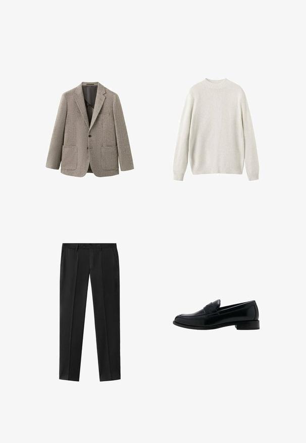 Gray herringbone blazer with notched lapels, two front pockets, single-button closure, and a textured fabric. Inner lining is dark.; Light grey knit sweater with a crew neckline, long sleeves, and ribbed hem. Soft texture, relaxed fit, no visible patterns or hardware.; Black formal trousers with front pleats, side pockets, belt loops, and a button closure at the waistband.; Black leather loafer with a low heel, rounded toe, and a classic penny strap detail on the vamp.