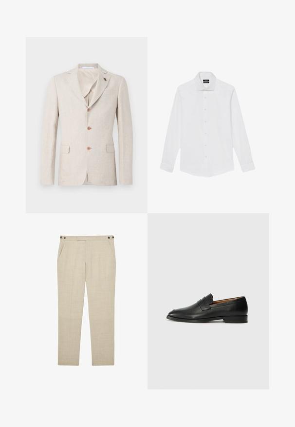 Blazer de lino beige con solapa muesca, tres botones marrones y dos bolsillos frontales. Forro interior de tejido ligero, textura suave.; Camisa de vestir masculina blanca de manga larga con cuello clásico y cierre de botones en la parte delantera, mostrada extendida sobre un fondo blanco.; Pantalones beige a medida con bolsillos frontales, pestañas laterales con botones en la cintura y un corte recto y ajustado en las piernas.; Mocasín de cuero negro con punta redonda, detalles de costura sutil y un tacón bajo, que presenta una textura suave y un diseño minimalista.