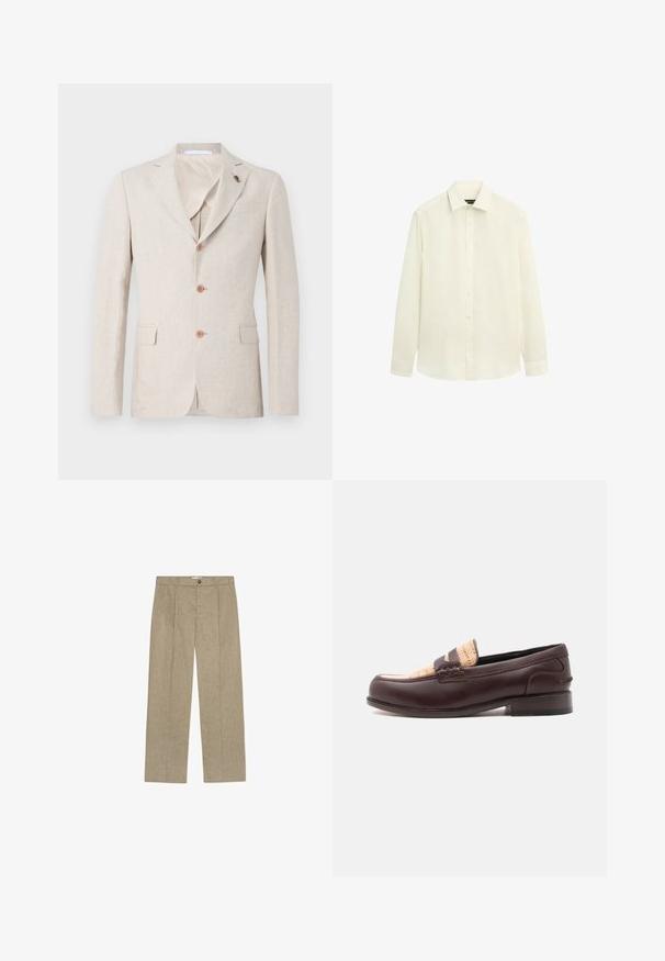 Beige linned blazer med reverskrave, tre brune knapper og to brystlommer. Indvendig foret med let stof, glat tekstur.; Langærmet cremefarvet skjorte med knapper, krave og knaplukning på manchetterne, vist på en ens hvid baggrund.; Beige bukser med vide ben lavet af et struktureret materiale. Har lukning med knap foran og to lodrette folder foran.; Mørkebrun læderloafer med vævet beige stofdetalje på tværs af toppen, lav hæl og afrundet tå, vist i sideprofil.
