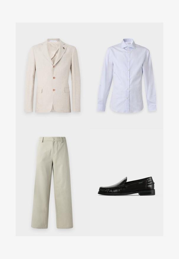 Beige linned blazer med reverskrave, tre brune knapper og to brystlommer. Indvendig foret med let stof, glat tekstur.; Lyseblå og hvide langærmet skjorte med vertikale striber, spids krave og hvide knapper foran.; Han Kjøbenhavn WIDE LEG - Bukser - light grey; Sort læder slip-on loafer med flettet detalje langs siderne og en lav hæl på en hvid baggrund.