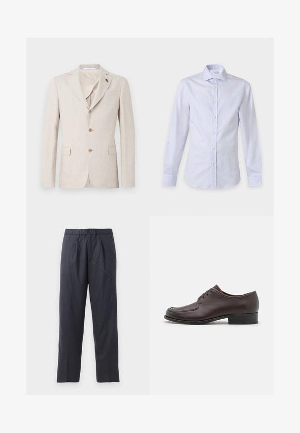 Beige linned blazer med reverskrave, tre brune knapper og to brystlommer. Indvendig foret med let stof, glat tekstur.; Lyseblå og hvide langærmet skjorte med vertikale striber, spids krave og hvide knapper foran.; Mørkeblå bukser lavet af blødt stof med plisseret frontdesign og elastisk talje. Funktioner en knappelukning og lige ben.; Brune lædersko til mænd med en glat overflade, rund tå og lukket snørebåndsdesign. Har en lav, stablet hæl og diskrete syninger.