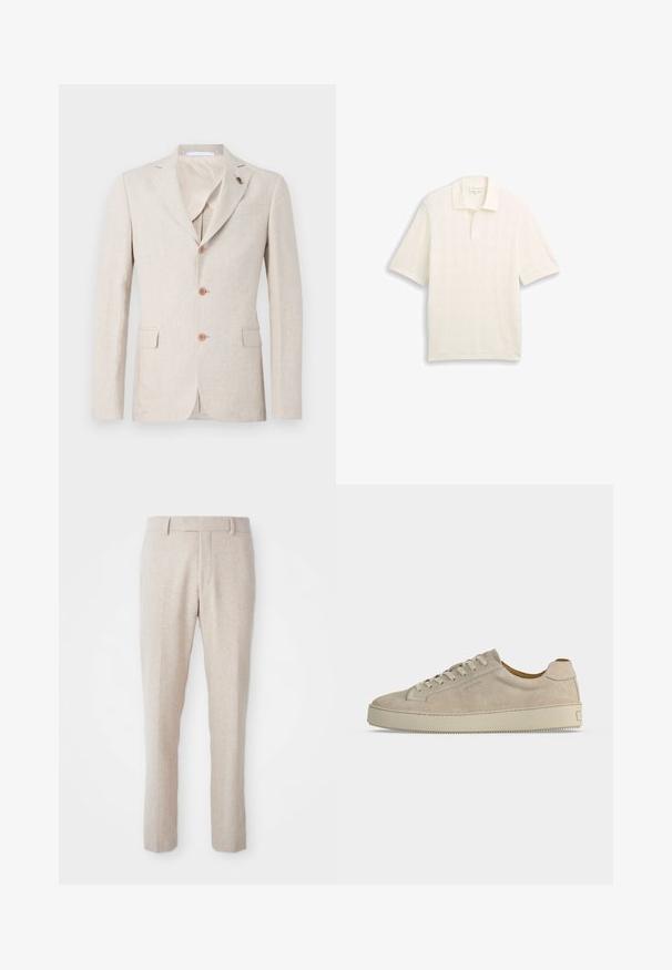 Blazer de lino beige con solapa muesca, tres botones marrones y dos bolsillos frontales. Forro interior de tejido ligero, textura suave.; Polo blanco de manga corta con patrón de rombos texturizado y cuello con tapeta de dos botones.; Pantalones tejidos beige con corte recto, que cuentan con una parte frontal plana, presillas para cinturón y sin patrones visibles ni detalles de hardware.; Zapatilla beige de ante de tacón bajo con cierre de cordones y suela gruesa de goma, mostrada de lado sobre un fondo blanco liso.