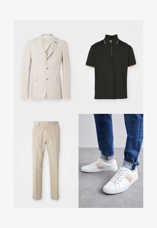 Beige linned blazer med reverskrave, tre brune knapper og to brystlommer. Indvendig foret med let stof, glat tekstur.; Sort polo-shirt med lynlås krave og multicolor striber. Korte ærmer og en glat bomulds tekstur.; Beige skræddersyede bukser lavet af tekstureret stof, med flad front, lige ben og en traditionel talje med bæltesløjfer.; Hvide lædersneakers med multicolore striber, snørebåndsdesign, gummisål og polstret krave, parret med blå denimjeans.