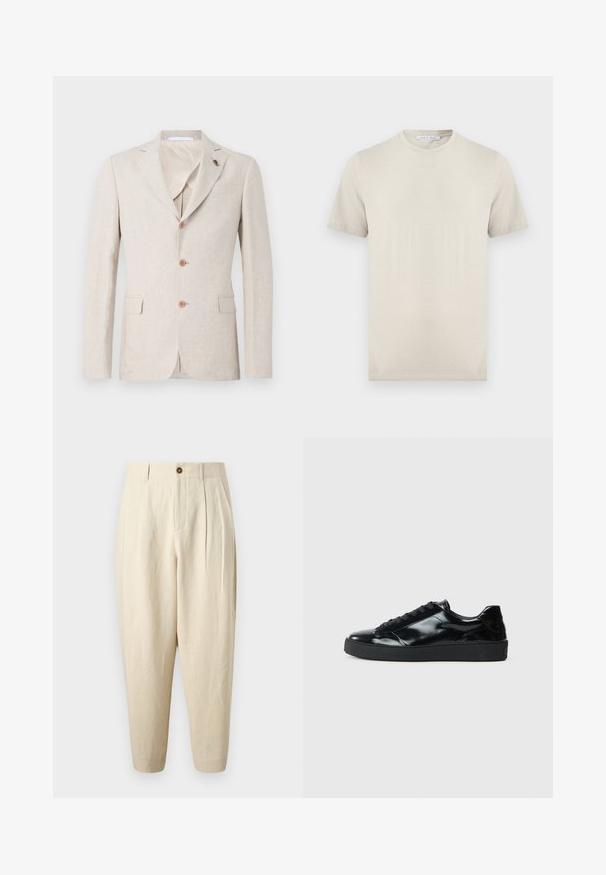 Blazer de lino beige con solapa muesca, tres botones marrones y dos bolsillos frontales. Forro interior de tejido ligero, textura suave.; Camiseta beige de manga corta con cuello redondo, hecha de tela suave, con una etiqueta que dice "Tiger of Sweden" en el interior del cuello.; Pantalones beige de talle alto y con corte ajustado, con plisados, trabillas para cinturón, botón delantero y cierre de cremallera sobre un fondo liso.; Zapatillas de charol negro con punta redonda, diseño con cordones, suela de goma texturizada y acabado suave.