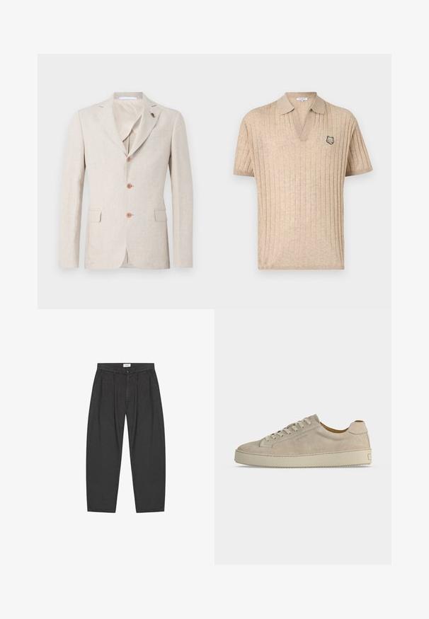 Blazer de lino beige con solapa muesca, tres botones marrones y dos bolsillos frontales. Forro interior de tejido ligero, textura suave.; Polo de punto beige con mangas cortas y canalé, cuello abierto y pequeña cabeza de lobo bordada en el pecho izquierdo.; Pantalones negros de talle alto con pliegues, bolsillos laterales, presillas para cinturón y cierre de botón, colocados planos sobre un fondo blanco.; Zapatilla beige de ante de tacón bajo con cierre de cordones y suela gruesa de goma, mostrada de lado sobre un fondo blanco liso.