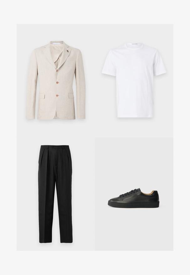 Beige linned blazer med reverskrave, tre brune knapper og to brystlommer. Indvendig foret med let stof, glat tekstur.; Hvid bomulds t-shirt med rund halsudskæring og korte ærmer. Glat tekstur, lige snit og minimalistisk design uden mønstre eller accenter.; Sorte plisserede bukser med et skrædderlavet design, fremstillet af glat stof, med knaplukning og lige ben.; Sorte lavtop lædersneakers med tekstureret overflade, sorte snørebånd og tyk gummisål, vist fra siden på en lys baggrund.