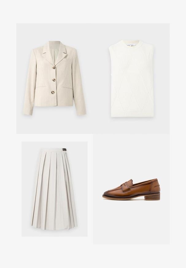 Selected DIMA - Blazer - white pepper; Gilet sans manches en tricot blanc avec motif en losanges et col rond et ourlet côtelés, étiqueté Maison Kitsuné Paris.; Longue jupe blanche plissée avec une fermeture latérale à boucle, présentée à plat sur un fond blanc.; Mocassins en cuir marron avec un panneau avant tissé texturé, bout rond et petit talon empilé. Finition lisse avec des détails de couture subtils.