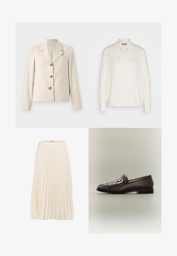 Selected DIMA - Blazer - white pepper; Blouse blanche à manches longues avec un design à col noué, présentant une texture lisse et une coupe décontractée. Simple et élégante, sans motifs supplémentaires.; Jupe plissée en tissu couleur crème, présentant des plis verticaux et une texture lisse, avec une coupe mi-longue et une taille simple.; Mocassin en cuir marron foncé avec détail à franges et boucle dorée sur fond neutre, vue latérale.