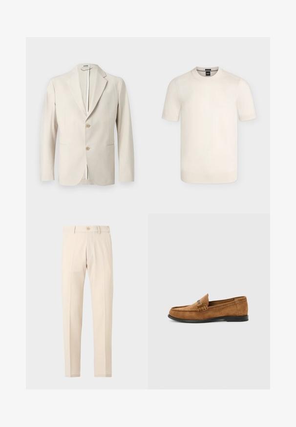Blazer beige à deux boutons, avec revers crantés, poches avant à rabat et manches longues, présenté sur un fond uni.; Pull en maille crème à manches courtes avec col rond et poignets et ourlet côtelés sur un fond uni.; Pantalon beige sur mesure avec fermeture à boutons, passants de ceinture et plis avant, présenté sur un fond clair uni.; Mocassin pour homme en daim marron avec détail tressé sur le dessus et semelle noire, présenté de profil sur un fond uni gris clair.