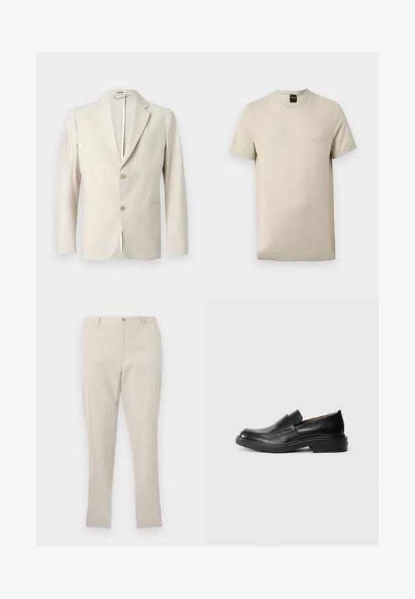 Blazer beige à deux boutons, avec revers crantés, poches avant à rabat et manches longues, présenté sur un fond uni.; T-shirt beige à manches courtes avec col rond, texture subtile et petit logo "BOSS" en relief sur la poitrine gauche.; Pantalon droit texturé beige clair avec passants pour ceinture, fermeture à bouton et zip frontal, présenté sur un fond uni.; Chaussure habillée noire en cuir, à enfiler, avec un petit talon et un logo Calvin Klein discret sur le côté, présentée de profil sur un fond blanc.
