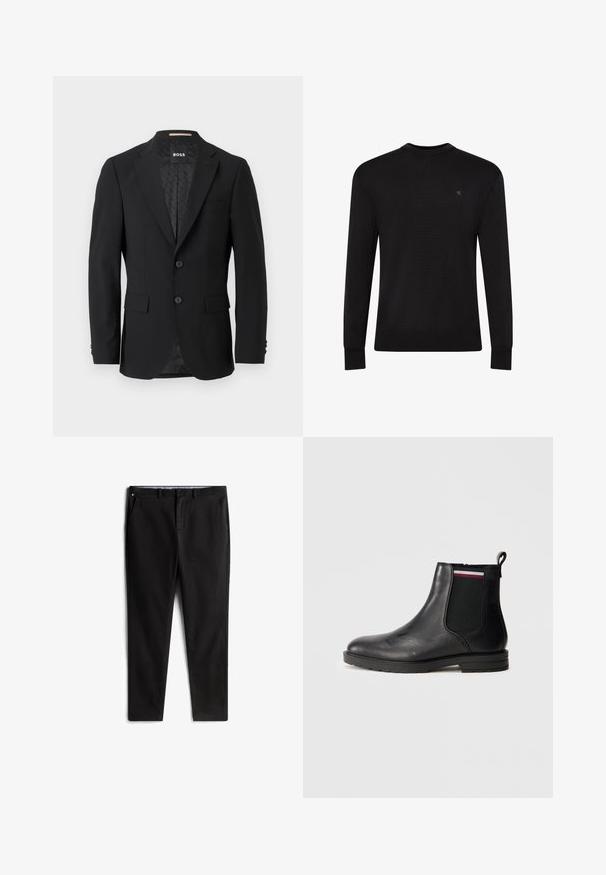 Blazer negro con un diseño de botonadura simple, solapas muestradas, dos bolsillos frontales y dos botones. Tejido suave con un forro interior estampado.; Jersey negro de manga larga con cuello redondo, pequeño logo sutil en la parte superior izquierda del pecho y puños y bajo acanalados.; Chinos negros fabricados con material de mezcla de algodón, con un diseño de pierna recta, bolsillos frontales y un sutil detalle del logo en la cintura.; Bota Chelsea de cuero negro con un acabado suave, paneles laterales elásticos y una lengüeta. Presenta una suela de goma resistente y un detalle mínimo.