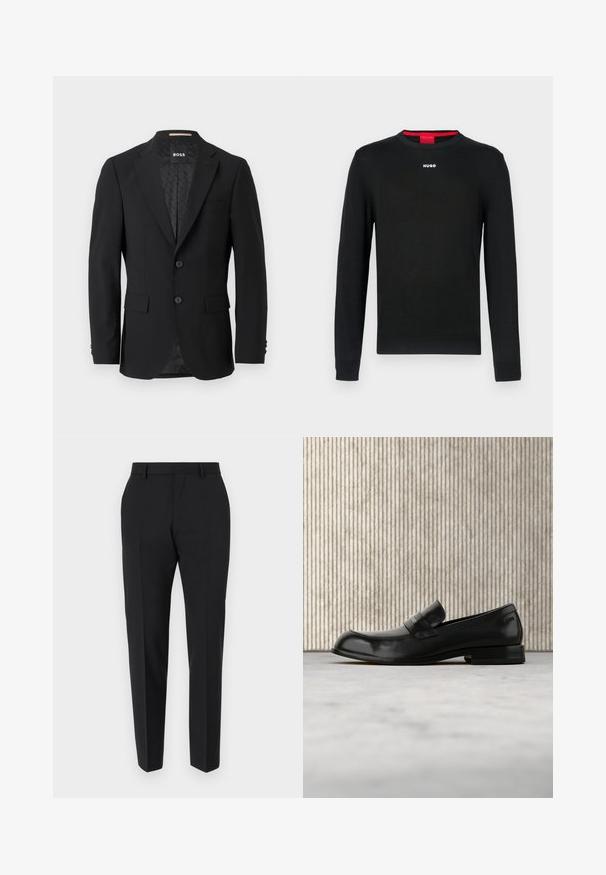Schwarzes Blazer mit einem einreihigen Design, Reverskragen, zwei vorderen Taschen und zwei Knöpfen. Glattes Gewebe mit einem gemusterten Innenfutter.; Schwarzer Pullover mit langen Ärmeln, Rundhalsausschnitt, gerippten Bündchen und Saum. Mit kleinem weißem "HUGO"-Logo mittig auf der Brust.; Schwarze Hose mit maßgeschneidertem Design, flacher Vorderseite, Faltendetails und schlanker Passform. Aus einem glatten Stoff für einen eleganten Look.; Schwarzer Leder-Loafer mit Metallakzent, der schwebend über einem beigen Teppich präsentiert wird, im Hintergrund ein runder, bernsteinfarbener Tisch.