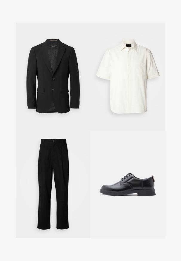Blazer negro con un diseño de botonadura simple, solapas muestradas, dos bolsillos frontales y dos botones. Tejido suave con un forro interior estampado.; Camisa de manga corta, abotonada, en tela color blanco roto con un bolsillo en el lado izquierdo del pecho y un diseño de cuello clásico. Textura suave.; Pantalones rectos negros con cintura con botones, trabillas para cinturón y pliegue frontal, exhibidos sobre un fondo blanco liso.; Zapatos de piel negra con cordones, textura lisa, puntera redondeada y detalles sutiles de costura. Cuentan con una lengüeta roja en el talón.