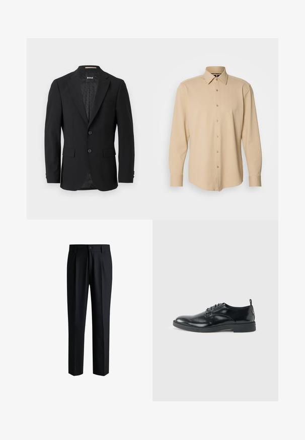 Schwarzes Blazer mit einem einreihigen Design, Reverskragen, zwei vorderen Taschen und zwei Knöpfen. Glattes Gewebe mit einem gemusterten Innenfutter.; Beige Langarmhemd aus strukturiertem Stoff mit kariertem Muster, mit Knopfleiste und Manschetten, taillierte Passform.; Schwarze Hose aus glattem Stoff, mit geradem Bein-Design, Falten vorne und einem Knopfverschluss mit Gürtelschlaufen.; Glänzender schwarzer Lederschuh mit niedrigem Absatz, Schnürverschluss und runder Kappe, seitlich auf hellem, schlichten Hintergrund gezeigt.