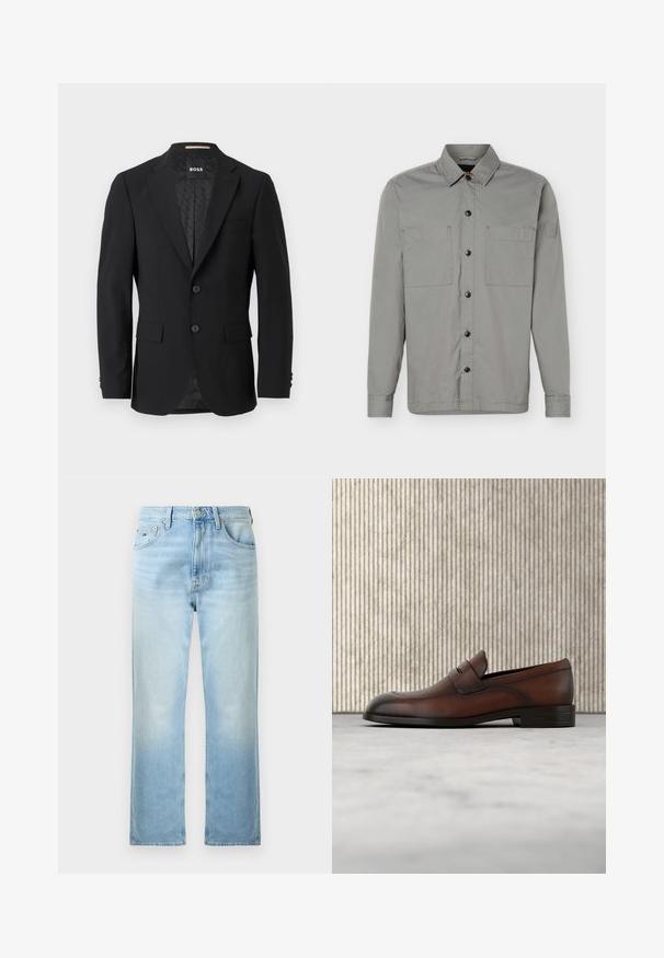 Blazer noir avec un design à un bouton, revers crantés, deux poches avant et deux boutons. Tissu lisse avec une doublure intérieure à motifs.; Chemise grise à manches longues avec boutons, deux poches poitrine, col pointu et patch logo sur la partie supérieure gauche de la manche.; Jean bleu clair à jambes droites avec poches avant, passants de ceinture et fermeture par bouton sur fond blanc uni.; Mocassin pour homme en cuir marron avec devant perforé et détail de bride, positionné sur un tapis beige, avec une table ronde brillante marron en arrière-plan.