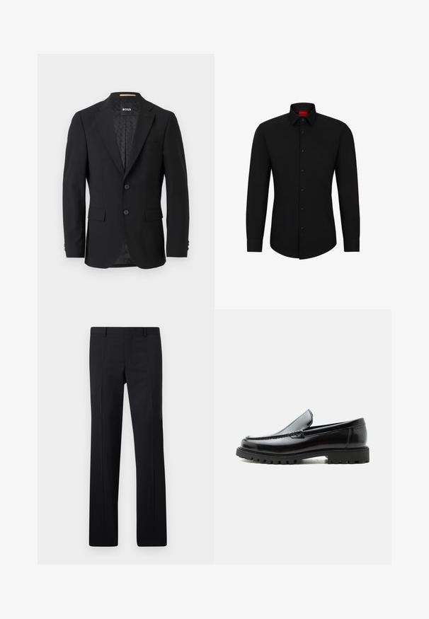 Schwarzes Blazer mit einem einreihigen Design, Reverskragen, zwei vorderen Taschen und zwei Knöpfen. Glattes Gewebe mit einem gemusterten Innenfutter.; Schwarzes Langarmhemd mit Knopfleiste, klassischem Kragen und abgerundetem Saum; verfügt über schwarze Knöpfe und ein rotes Logo im Kragen.; Schwarze maßgeschneiderte Hose mit geradem Schnitt, scharfen Falten und glatter Oberfläche. Hergestellt aus leichtem Stoff mit einem sauberen Bund.; Schwarzer Lederloafer mit grober Gummisohle, genähter Oberseite und geprägtem Markennamen an der Ferse, seitlich auf weißem Hintergrund gezeigt.