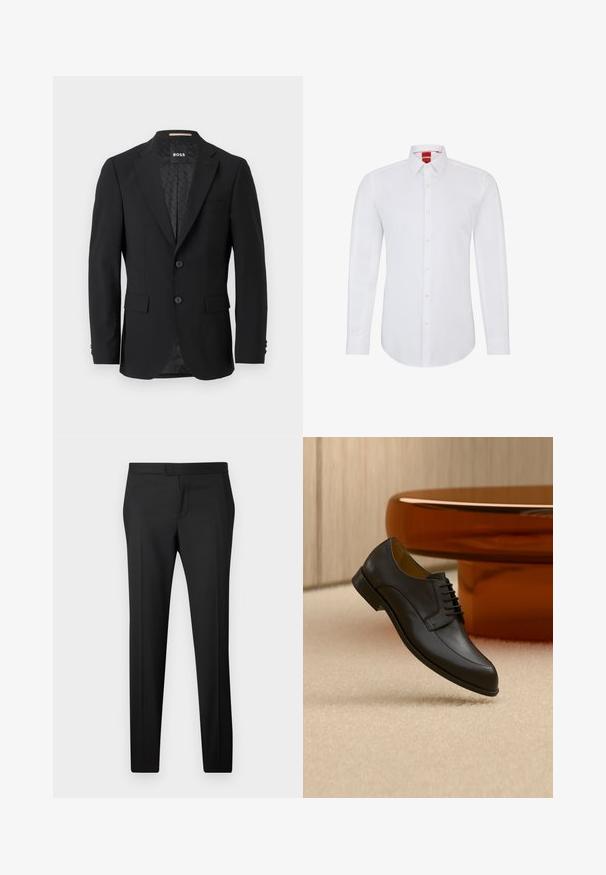 Blazer negro con un diseño de botonadura simple, solapas muestradas, dos bolsillos frontales y dos botones. Tejido suave con un forro interior estampado.; Camisa blanca de manga larga con cuello, que presenta un cierre frontal de botones y un tejido suave y liso. Sin patrones ni acentos visibles.; Pantalones negros ajustados de corte recto, hechos de una tela suave. Presentan un frente plano, trabillas para cinturón y sin patrones o adornos visibles.; Zapato de vestir negro de cuero con cordones flotando sobre una alfombra beige, con una mesa redonda naranja al fondo.