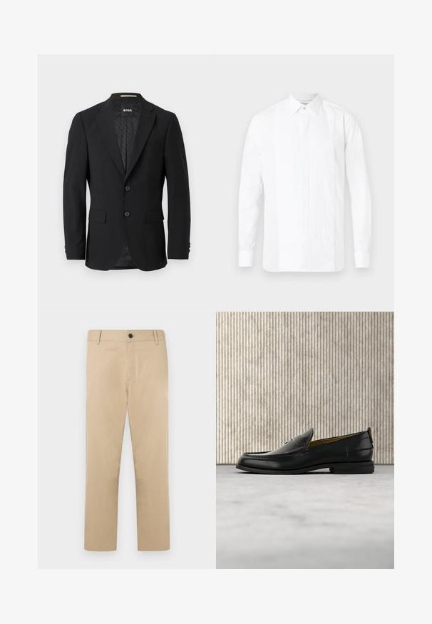 Schwarzes Blazer mit einem einreihigen Design, Reverskragen, zwei vorderen Taschen und zwei Knöpfen. Glattes Gewebe mit einem gemusterten Innenfutter.; Weißes Langarmhemd mit klassischem Kragen, versehen mit einer plissierten Vorderseite und glatten Seiten, gefertigt aus Baumwollstoff. Dezenter glänzender Effekt.; Beige Baumwollhose mit geradem Bein, ausgestattet mit einem vorderen Knopfverschluss und Seitentaschen. Glatte Textur, minimale Nahtdetails.; Schwarzer Herren-Slipper aus Leder mit einer krokogeprägten Vorderkappe und einem niedrigen Absatz, im Profil vor neutralem Hintergrund gezeigt.