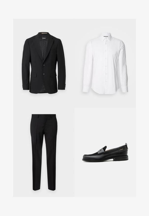 Blazer negro con un diseño de botonadura simple, solapas muestradas, dos bolsillos frontales y dos botones. Tejido suave con un forro interior estampado.; Camisa blanca de manga larga hecha de tejido suave, con un cuello clásico y diseño de botones en la parte delantera, con un dobladillo curved. Los botones tienen un acabado ligeramente brillante.; Pantalones negros de corte ajustado, hechos de una tela suave, con pernera recta, detalles de pinzas refinadas y una cinturilla clásica con ojales para cinturón.; Mocasín de cuero negro con detalle de tira gris, tacón bajo y suela texturizada, con la marca "HUGO" en oro en el lateral.