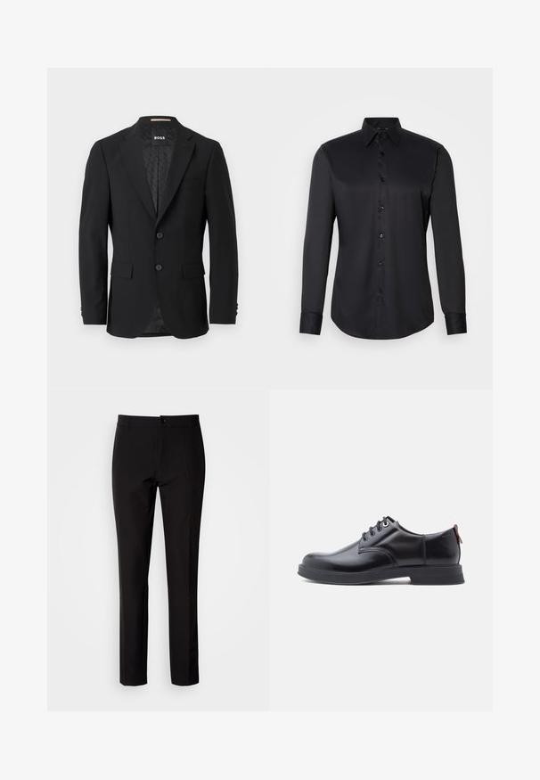 Sort blazer med en en-knoob design, klippet revers, to forlommer og to knapper. Glat stof med et mønstret inderfor.; Sort skjorte med knaplukning, lavet af glat stof, med klassisk krave, lange ærmer og knaplukning foran.; Sorte bukser lavet af glat stof, med lige ben, lukkes med knapper foran og har diskrete sidelommer. Enkelt og skræddersyet udseende.; Sorte snørestøvler i læder med glat tekstur, rundet tå og diskrete syningsdetaljer. Har en rød trækflig på hælen.