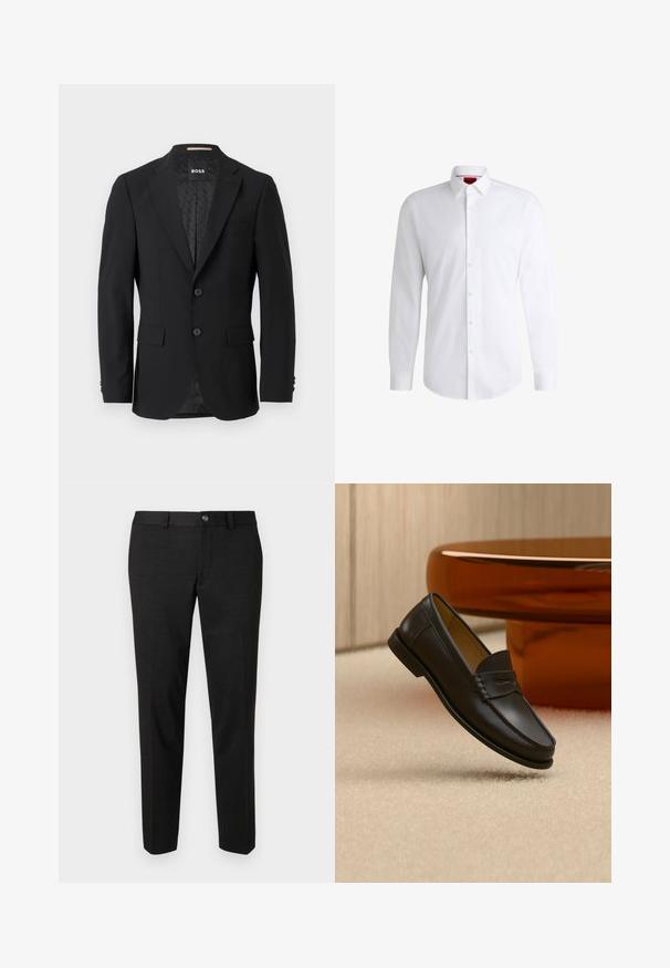 Blazer negro con un diseño de botonadura simple, solapas muestradas, dos bolsillos frontales y dos botones. Tejido suave con un forro interior estampado.; Camisa blanca de botones, confeccionada en tela suave, con collar clásico, mangas largas y dobladillo curvado. Presenta botones beige en la parte delantera.; Pantalones negros fabricados con una tela suave. Tienen un corte recto, un frente plano y un cierre de botón con un diseño sencillo en la cintura.; Zapato mocasín de cuero negro suspendido sobre una alfombra beige con muebles modernos de color ámbar en el fondo.