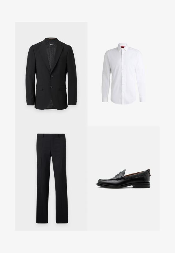Sort blazer med en en-knoob design, klippet revers, to forlommer og to knapper. Glat stof med et mønstret inderfor.; Hvid skjorte med knapper lavet af glat stof med klassisk krave, lange ærmer og rundet kant. Har beige knapper foran.; Sorte skræddersyede bukser med et lige ben design, skarpe folder og en glat overflade. Fremstillet af letvægtsstof med en ren talje.; Sort læder herre loafer med moc-tå syning, penny strop, struktureret krave og lav stablet hæl på hvid baggrund.
