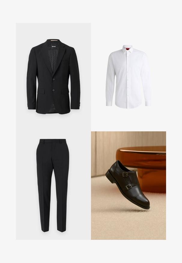 Blazer noir avec un design à un bouton, revers crantés, deux poches avant et deux boutons. Tissu lisse avec une doublure intérieure à motifs.; Chemise blanche à manches longues en tissu lisse avec un col classique et un ourlet arrondi. Présente des boutons beiges à l'avant.; Pantalons noirs au design ajusté, avec un devant plat, des détails de plis et une coupe élégante. Fabriqués en tissu lisse pour un look raffiné.; Chaussure noire en cuir à double boucle flottant au-dessus d'un tapis beige, avec du mobilier marron courbé en arrière-plan.