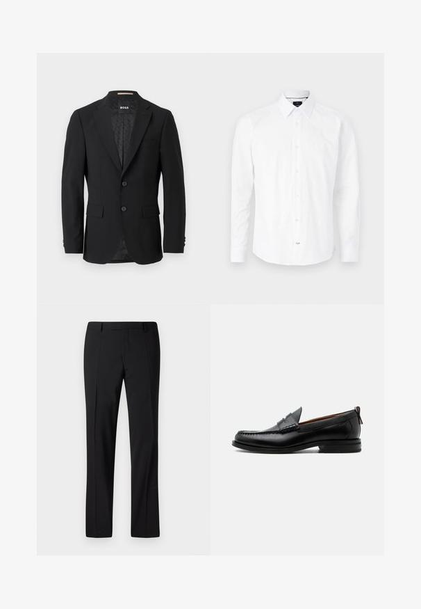 Sort blazer med en en-knoob design, klippet revers, to forlommer og to knapper. Glat stof med et mønstret inderfor.; Hvid langærmet skjorte lavet af bomuld. Har en knap-ned krave, frontlukning med knapper i pink og buet bund.; Sorte skræddersyede bukser med lige ben, der har en glat overflade, plissee foran og en klassisk talje for et formelt udseende.; Sort læder herre loafer med moc-tå syning, penny strop, struktureret krave og lav stablet hæl på hvid baggrund.