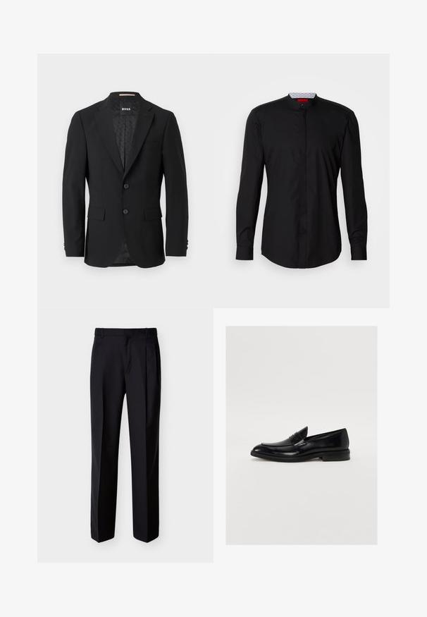Schwarzes Blazer mit einem einreihigen Design, Reverskragen, zwei vorderen Taschen und zwei Knöpfen. Glattes Gewebe mit einem gemusterten Innenfutter.; Schwarzes Langarmhemd mit Stehkragen, aus glattem Stoff gefertigt, mit durchgehender Knopfleiste und subtilen Designdetails.; Schwarze, maßgeschneiderte Hose mit geradem Schnitt, Falten vorne und seitlichen Taschen. Hergestellt aus einem glatten, leichten Stoff mit einfarbigem Muster.; Schwarze Lederloafers mit runder Zehenform, dezenten Nähten und glatter Oberfläche. Mit einem niedrigen, gestapelten Absatz und einem Riemen über dem Fußteil.