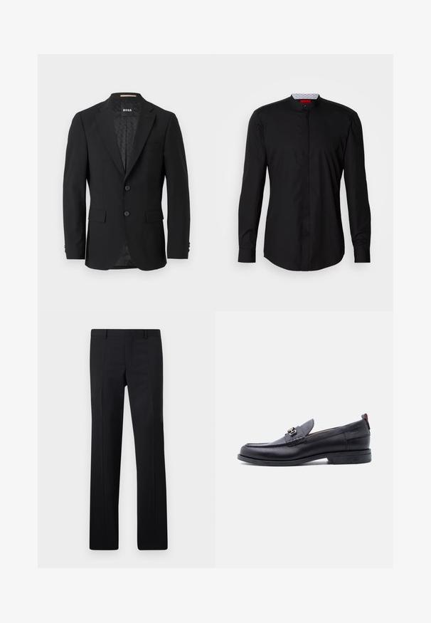 Schwarzes Blazer mit einem einreihigen Design, Reverskragen, zwei vorderen Taschen und zwei Knöpfen. Glattes Gewebe mit einem gemusterten Innenfutter.; Schwarzes Langarmhemd mit Stehkragen, aus glattem Stoff gefertigt, mit durchgehender Knopfleiste und subtilen Designdetails.; Schwarze maßgeschneiderte Hose mit geradem Schnitt, scharfen Falten und glatter Oberfläche. Hergestellt aus leichtem Stoff mit einem sauberen Bund.; Schwarzer Lederloafer mit grauem, strukturiertem Vorderblatt, silberner Metallschnalle, niedrigem Absatz und Zuglasche hinten.