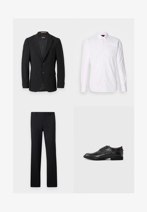 Sort blazer med en en-knoob design, klippet revers, to forlommer og to knapper. Glat stof med et mønstret inderfor.; Hvid skjorte med lange ærmer, knap-front og klassisk krave, fremstillet i en blød bomulds kvalitet.; Sorte skræddersyede bukser med et lige ben design, skarpe folder og en glat overflade. Fremstillet af letvægtsstof med en ren talje.; Sort herresko i læder med snørebånd foran og rød træktab på hælen mod en ensfarvet baggrund.