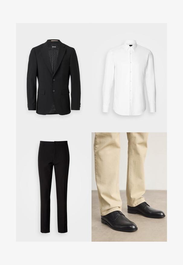 Sort blazer med en en-knoob design, klippet revers, to forlommer og to knapper. Glat stof med et mønstret inderfor.; Hvid skjorte med lange ærmer, knaplukning foran, klassisk krave, lavet af glat stof med en subtil tekstur, designet til et tætsiddende udseende.; Sorte bukser lavet af glat stof, med lige ben, lukkes med knapper foran og har diskrete sidelommer. Enkelt og skræddersyet udseende.; Sorte læder snørebåndssko med rund tå, glat finish og diskrete syninger, båret med lyse beige bukser.