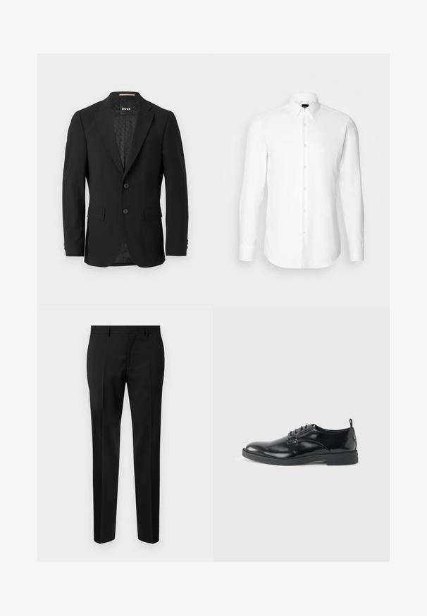 Sort blazer med en en-knoob design, klippet revers, to forlommer og to knapper. Glat stof med et mønstret inderfor.; Hvid skjorte med lange ærmer, knaplukning foran, klassisk krave, lavet af glat stof med en subtil tekstur, designet til et tætsiddende udseende.; Sorte skræddersyede bukser lavet af glat stof, med lige ben, raffinerede folder og en klassisk talje med bæltestropper.; Blank sort læder dresssko med lav hæl, snørelukning og rund tå, vist fra siden på ensfarvet lys baggrund.