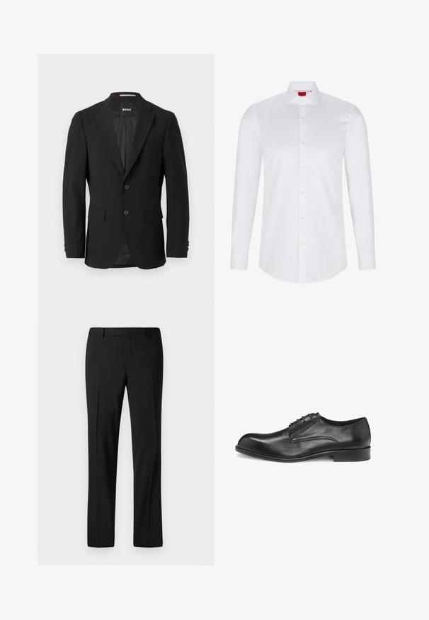 Schwarzes Blazer mit einem einreihigen Design, Reverskragen, zwei vorderen Taschen und zwei Knöpfen. Glattes Gewebe mit einem gemusterten Innenfutter.; Weißes langärmliges Hemd mit Knopfleiste, hergestellt aus glattem Baumwollstoff. Verfügt über einen klassischen Kragen, eine durchgehende Knopfleiste und einen abgerundeten Saum.; Schwarze, maßgeschneiderte Hose mit geradem Bein, ausgestattet mit einer glatten Textur, gefaltetem Vorderteil und einem klassischen Bund für ein formelles Erscheinungsbild.; Schwarzer Leder-Schnürschuh mit glatter Oberfläche, rundem Zehenbereich, minimalen Nähten und flacher Gummisohle. Seitlich befindet sich das Markenlogo.
