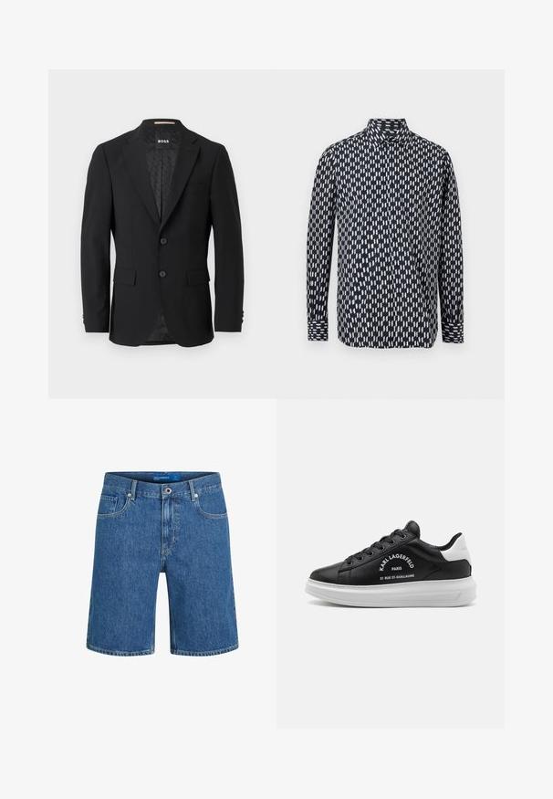 Schwarzes Blazer mit einem einreihigen Design, Reverskragen, zwei vorderen Taschen und zwei Knöpfen. Glattes Gewebe mit einem gemusterten Innenfutter.; Schwarzes, langärmliges Hemd mit Kragen, weißem geometrischem Blitzmuster, geknöpften Manschetten und vorderer Knopfleiste.; Blaue Jeansshorts mit geradem Schnitt, fünf Taschen und sichtbaren Nähten. Verfügt über einen vorderen Knopfverschluss und ein Taillenband-Label.; Schwarze Ledersneaker mit einer weißen Sohle, ausgestattet mit schwarzen Schnürsenkeln, Logodrucken an den Seiten und einem glatten, minimalistischen Design.