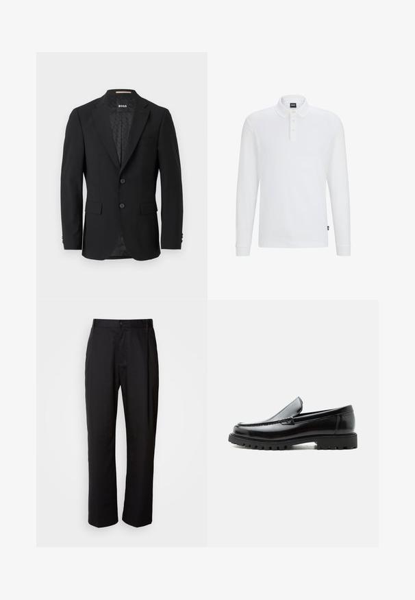 Blazer noir avec un design à un bouton, revers crantés, deux poches avant et deux boutons. Tissu lisse avec une doublure intérieure à motifs.; Polo-shirt blanc à manches longues en coton, présentant un col boutonné, un logo brodé discret et une coupe droite.; Pantalon noir à coupe droite, en tissu léger. Il dispose d'une fermeture à bouton sur le devant et de deux poches latérales ; texture lisse.; Mocassin en cuir noir avec semelle en caoutchouc épaisse, dessus cousu et nom de marque embossé sur le talon, présenté de profil sur fond blanc.
