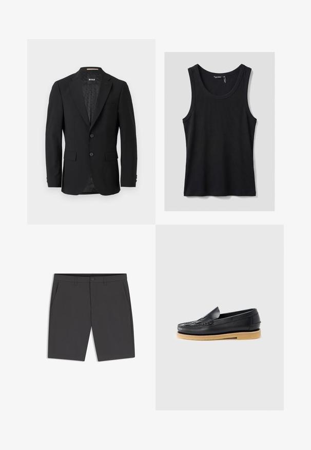 Blazer negro con un diseño de botonadura simple, solapas muestradas, dos bolsillos frontales y dos botones. Tejido suave con un forro interior estampado.; Top negro sin mangas con canalé y escote redondo, talla mediana, colocado plano sobre un fondo gris claro.; Pantalones cortos negros a la altura de la rodilla, hechos a medida, con cierre frontal de botón y cremallera, trabillas para cinturón y bolsillos laterales sobre fondo blanco.; Mocasín de cuero negro con detalles tejidos en la puntera y suela de crepé marrón claro, mostrado de perfil sobre un fondo blanco.