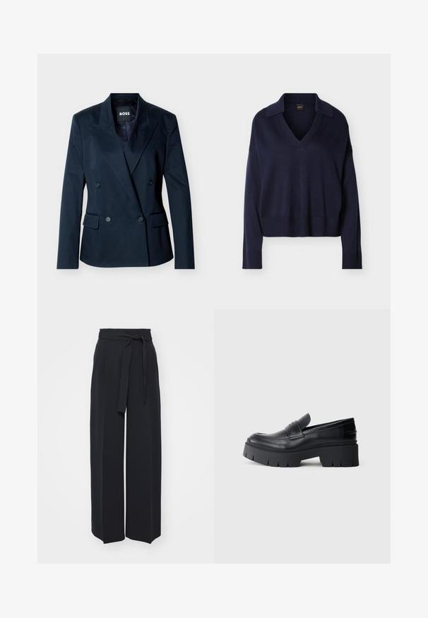 Blazer croisé bleu marine avec revers à pointe, quatre boutons noirs, deux poches à rabat à l'avant, et étiquette intérieure "BOSS".; Pull bleu marine à manches longues avec col en V, col, poignets et ourlet côtelés, présenté sur fond blanc uni.; Pantalons noirs à jambes larges en tissu doux. Dotés d'une taille ceinturée et de plis avant. Texture lisse avec un design épuré et contemporain.; Mocassin plateforme noir épais avec tige en cuir lisse, sangle décorative et semelle texturée épaisse sur fond blanc.