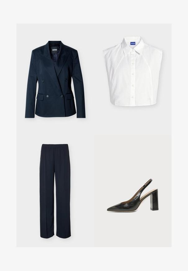 Blazer croisé bleu marine avec revers à pointe, quatre boutons noirs, deux poches à rabat à l'avant, et étiquette intérieure "BOSS".; Chemise blanche sans manches à col boutonné devant, avec étiquette de la marque Hugo à l’intérieur du col et logo brodé subtil près de l’ourlet.; Pantalon droit bleu marine foncé avec taille élastique et détail subtil de pli avant, présenté sur un fond uni.; Chaussure slingback en cuir noir à bout pointu avec un talon bloc haut et une doublure intérieure beige sur un fond clair uni.