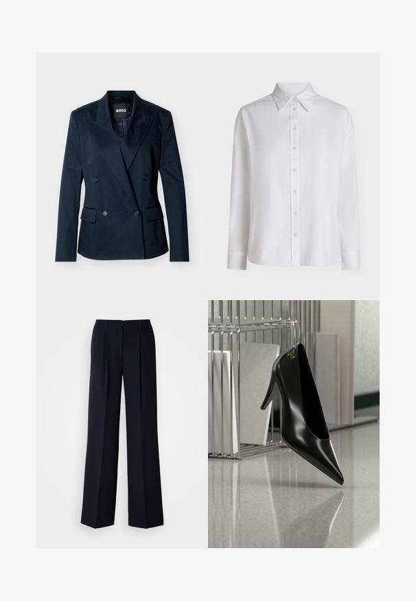 Blazer croisé bleu marine avec revers à pointe, quatre boutons noirs, deux poches à rabat à l'avant, et étiquette intérieure "BOSS".; Chemise blanche à manches longues boutonnée, avec col pointu et poignets standards, présentée sur un fond clair uni.; Pantalon large marine avec plis, réalisé en tissu lisse. Doté d'une ceinture ajustée et d'une silhouette épurée.; Chaussure noire à talon haut avec bout pointu et logo doré, posée sur une surface réfléchissante près d'un organiseur de dossiers en fil chromé contenant des documents.