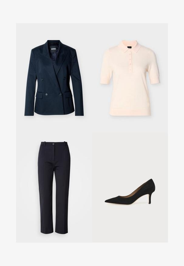 Blazer croisé bleu marine avec revers à pointe, quatre boutons noirs, deux poches à rabat à l'avant, et étiquette intérieure "BOSS".; Polo à manches courtes rose clair avec col classique, patte de boutonnage à cinq boutons et texture en fine maille. Design simple et minimaliste.; Pantalons bleu marine à jambe droite, confectionnés dans un tissu lisse. Comprend des poches avant et une fermeture à bouton à la taille.; Escarpin en daim noir à bout pointu avec un talon stiletto fin de hauteur moyenne et un design à coupe basse sur un fond uni.