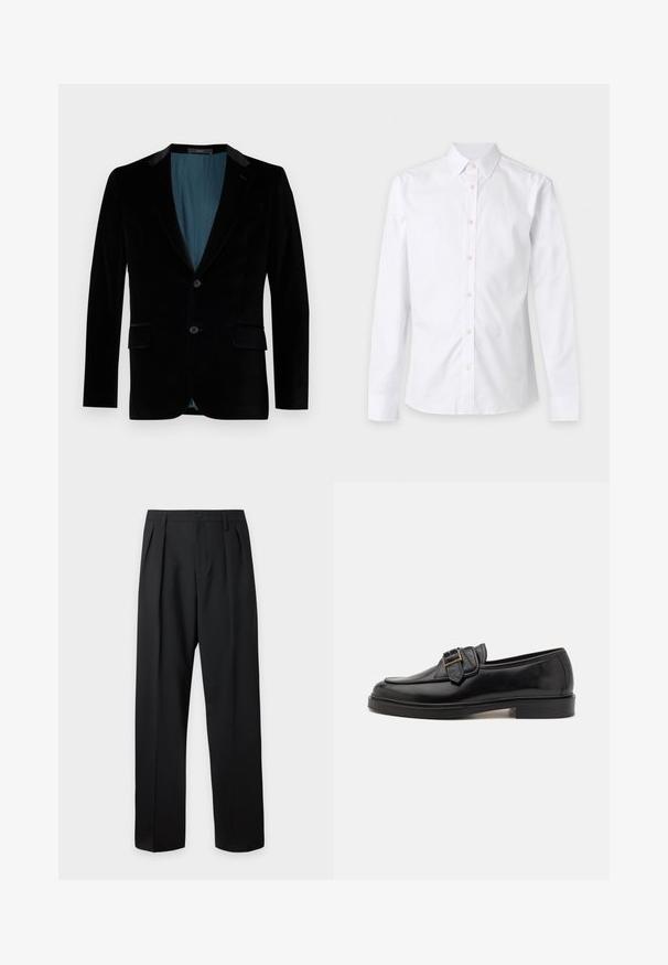 Sort velourblazer med slim fit, klappede revers, to frontlommer, enkeltknaplukning og en kontrasterende teal-foring.; Hvid langærmet skjorte med knapper, krave og manchetter, vist fladt mod en ensfarvet lys baggrund.; Sorte skræddersyede bukser med høj talje, bæltestropper, frontfolder, knaplukning og lige vide ben på en lys baggrund.; Sorte læder loafers med rund tå og en dekorativ spændeaccent. Flad, solid hæl og glat tekstur hele vejen igennem.