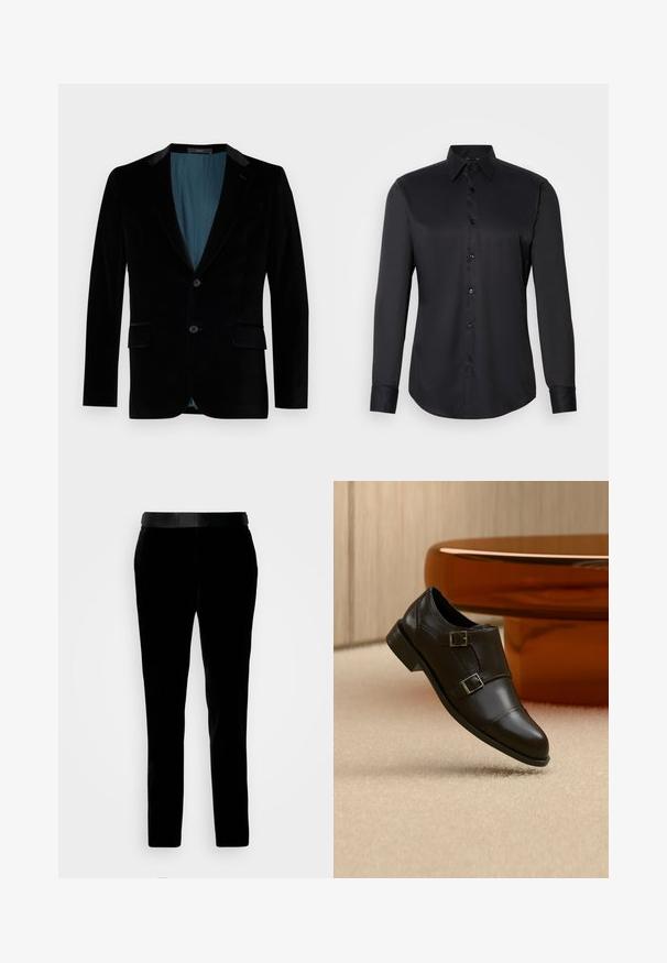 Blazer en velours noir avec une coupe ajustée, des revers crantés, deux poches avant, une fermeture à un bouton et une doublure contrastante en teal.; Chemise noire à manches longues en tissu lisse, dotée d'un col classique et d'une fermeture à boutons sur le devant.; Pantalon en velours noir à coupe ajustée, texture lisse et ceinture assortie. Il présente des jambes droites et des poches latérales.; Chaussure noire en cuir à double boucle flottant au-dessus d'un tapis beige, avec du mobilier marron courbé en arrière-plan.