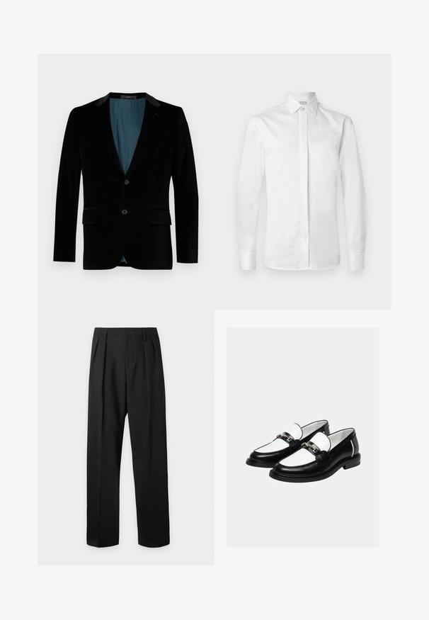 Blazer en velours noir avec une coupe ajustée, des revers crantés, deux poches avant, une fermeture à un bouton et une doublure contrastante en teal.; Chemise blanche à manches longues en coton lisse avec un col pointu, une patte de boutonnage et des poignets boutonnés, présentant un design net et épuré.; Pantalon noir taille haute, sur-mesure, avec passants pour ceinture, plis sur le devant, fermeture par bouton et jambes droites larges sur fond clair.; Paire de mocassins en cuir noir et blanc avec un détail de chaîne dorée sur le dessus, sur un fond clair uni.