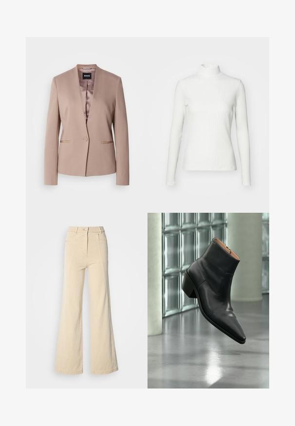 Blazer rose pâle avec revers cranté, fermeture à un bouton, deux poches avant et doublure en satin lisse. Tissu doux et texturé.; Haut col roulé blanc à côtes avec des manches longues, fabriqué en tissu extensible. Présente un design ajusté et un encolure haute pour plus de couverture.; Jeans beige à jambes larges avec taille haute, poches avant, et couture contrastée, dotés d'une fermeture à bouton et d'une texture en coton lisse.; Bottine en cuir noir avec un bout pointu et un talon carré lévitant au-dessus d'un sol gris réfléchissant près d'un mur en blocs de verre.